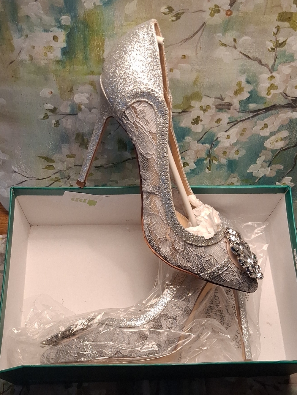 Lauren Lorraine Silver Glitter Lace Pointed-Toe Heels with Crystal Cluster - Picture 4 of 10